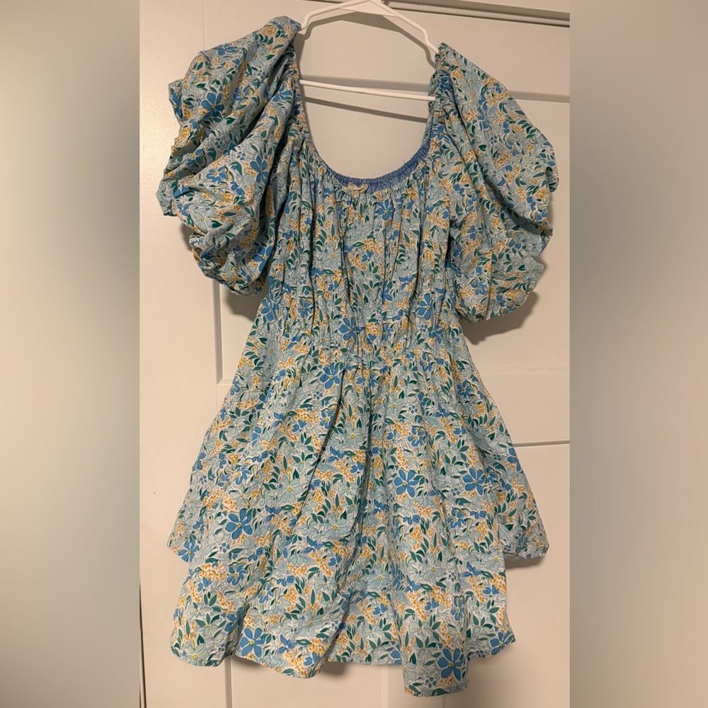 Altar'd State Blue Floral Puff-Sleeve Mini Dress
